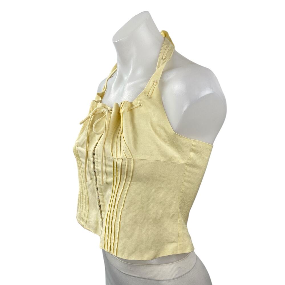 ASTR The Label Yellow Halter Pintucked Smocked Tie Sleeveless Crop Top Size S - Picture 2 of 6